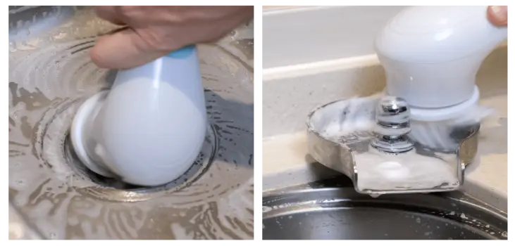 collage of MultiBrush Pro cleaning kitchen sink