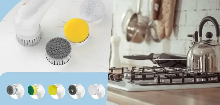 collage of MultiBrush Pro and its 5 intergangable heads and a clean kitchen hub